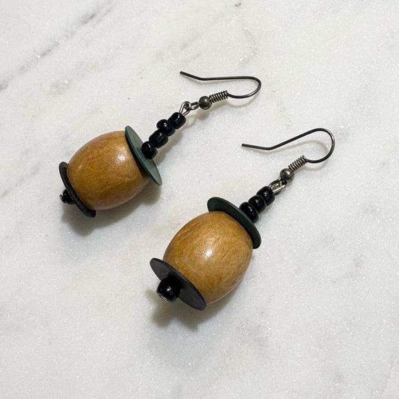 Artisan Jewelry - Handmade Bohemian Large Wooden Bead Dangle Earrings